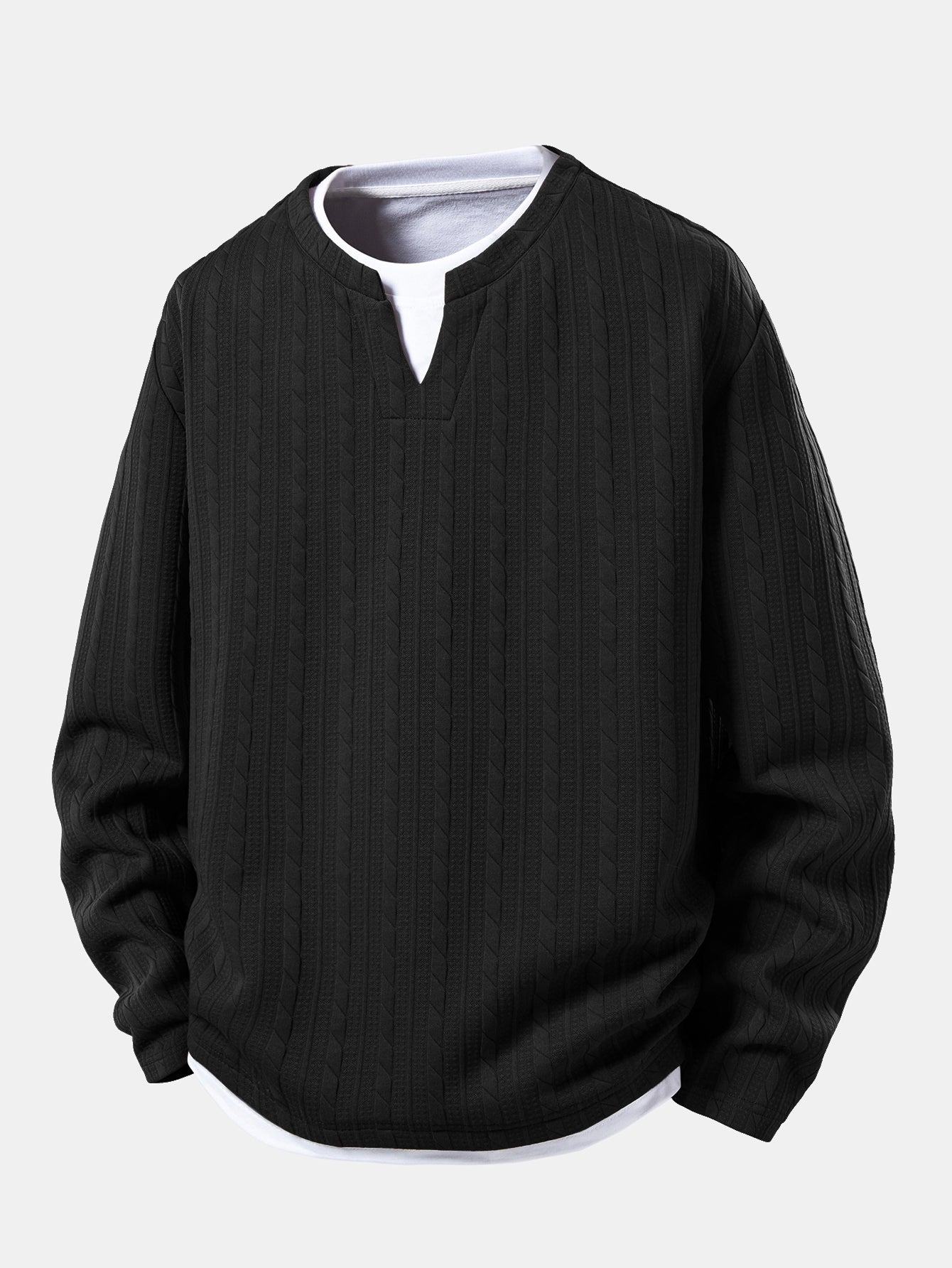 Relax Fit 2 In 1 Twisted Jacquard Notched Collar T-Shirt