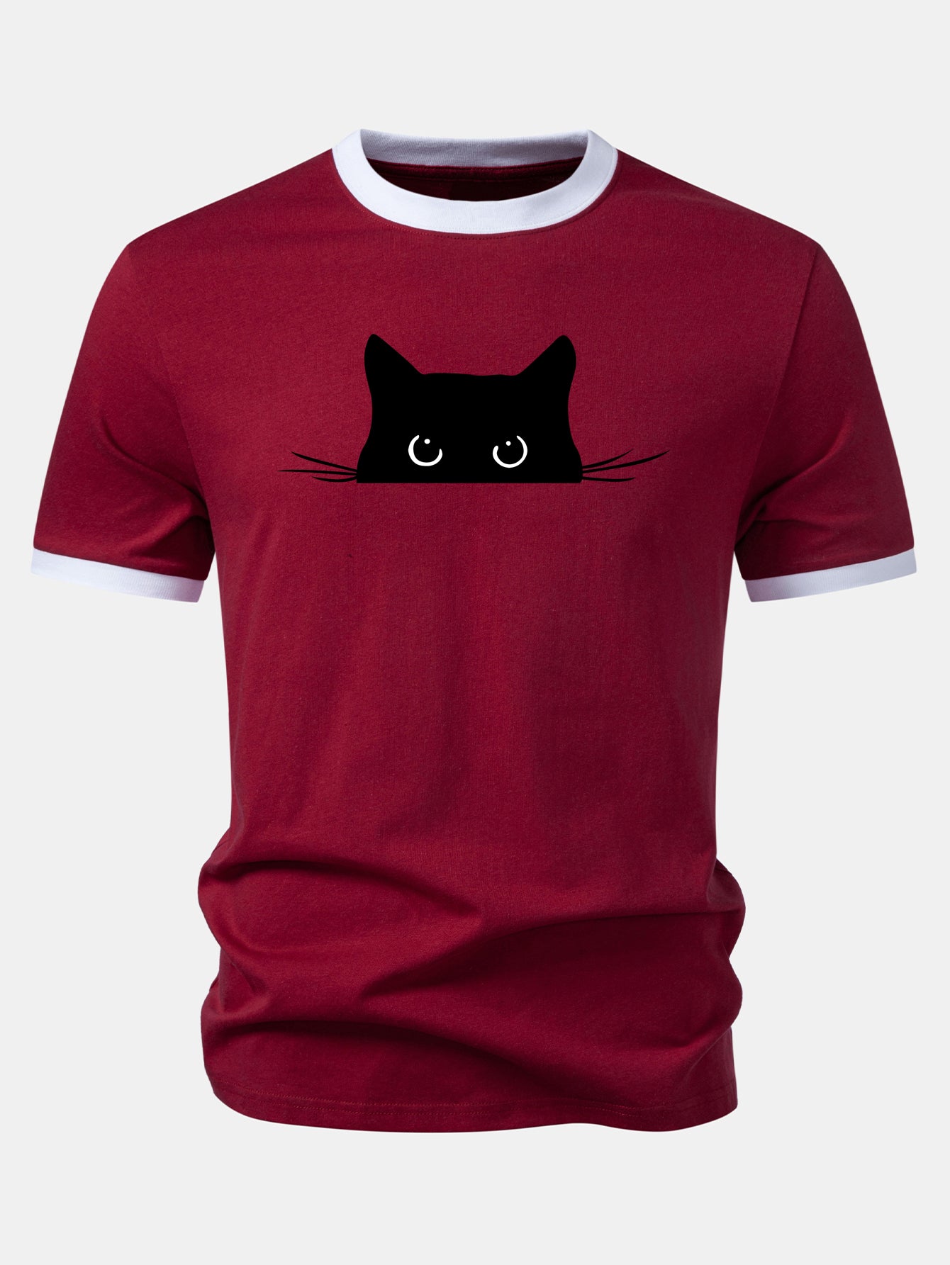 Black Cat Print Contrast Ringer T-Shirt