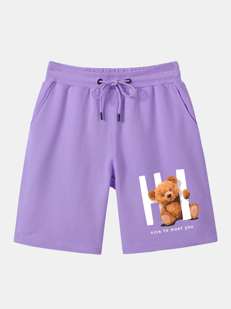 Slogan Bear Print Mid Length Shorts