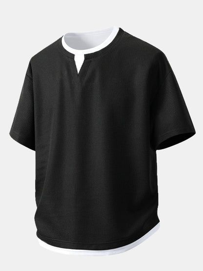 Relax Fit 2 In 1 Notched Collar Waffle T-Shirt