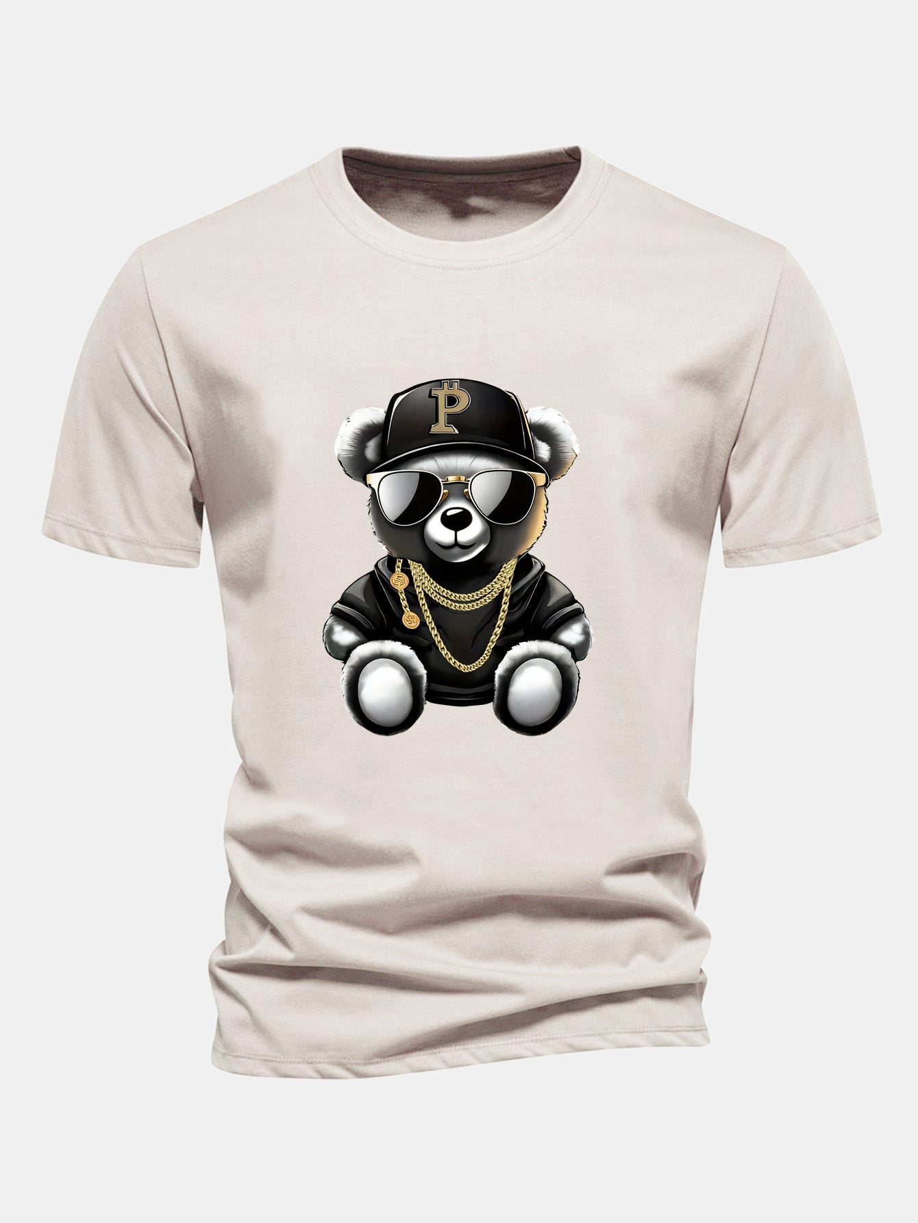 Regular Fit Hip Hop Bear Print Cotton T-Shirt