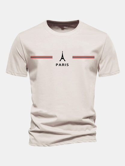 Regular Fit Paris Stripes Print Cotton T-Shirt