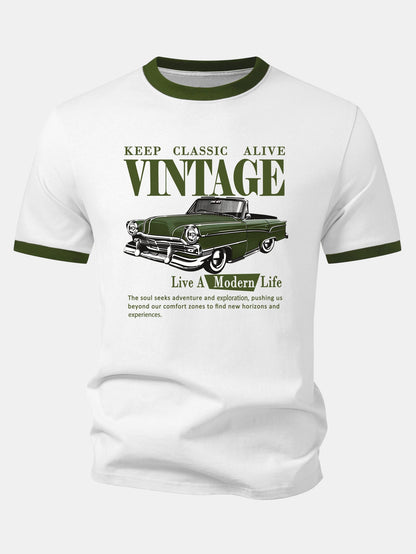 Vintage Car Print Contrast Ringer T-Shirt