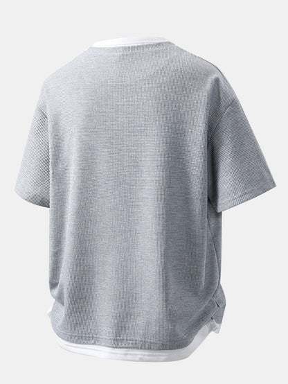 Relax Fit Smiley Face Print 2 In 1 Notched Collar Waffle T-Shirt
