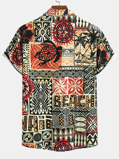 Palm Tree Turtle Ethnic Geometry Print Button Up Shirt