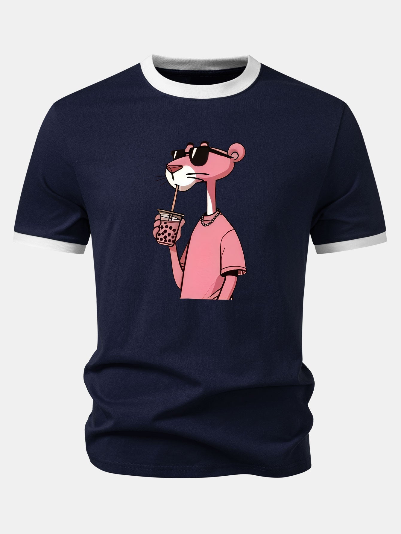 Pink Panther Print Contrast Ringer T-Shirt
