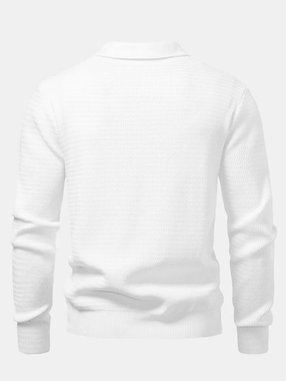 Long Sleeve Wave Jacquard V Neck Knit Polo Shirt