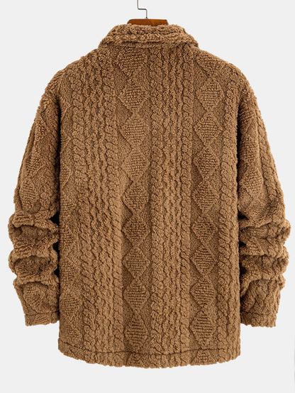 Geometric Jacquard Teddy Fleece Button Up Shirt