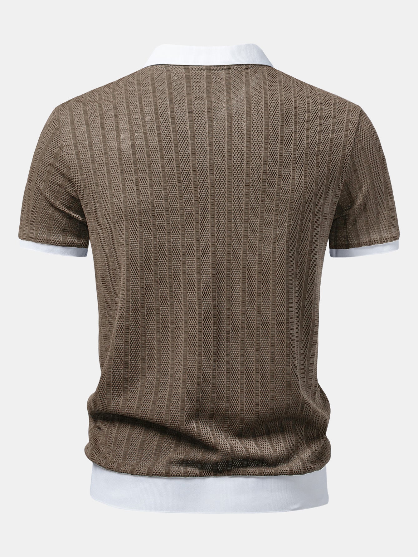 Striped Textured Johnny Collar Open Knit Polo