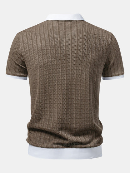 Striped Textured Johnny Collar Open Knit Polo