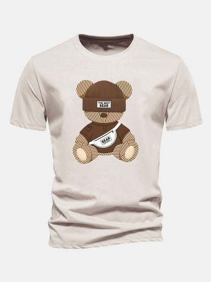 Regular Fit Stripe Bear Print Cotton T-Shirt