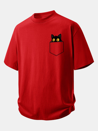 Relax Fit Pocket Black Cat Print Cotton T-Shirt