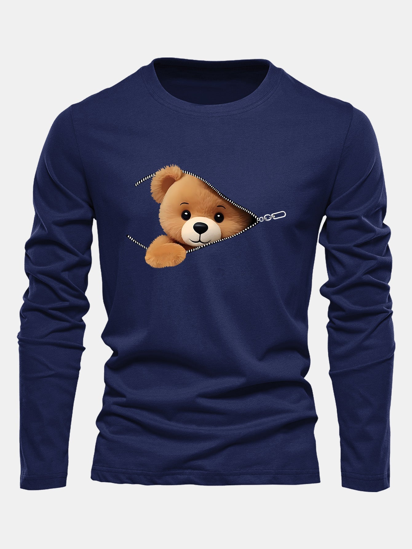 Long Sleeve Zipper Bear Print Cotton T-Shirt