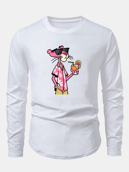 Vacation Pink Panther Print Cotton Arc Hem T-Shirt