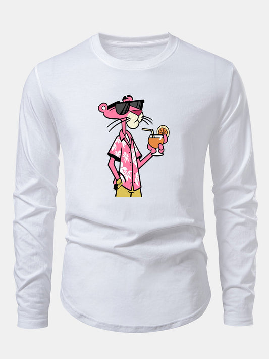 Vacation Pink Panther Print Cotton Arc Hem T-Shirt