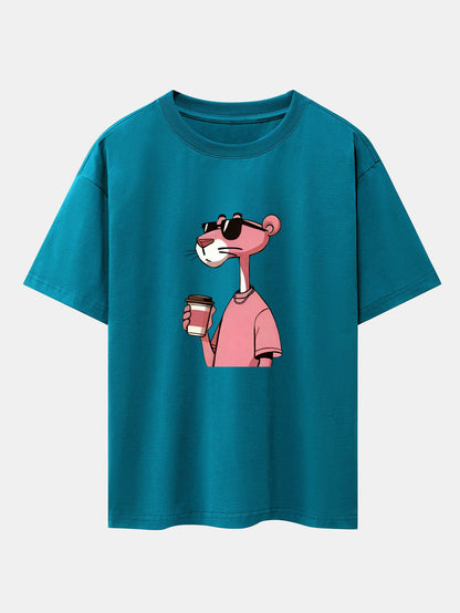 Pink Panther Drinking Coffee Print Drop Shoulder Oversize T-Shirt