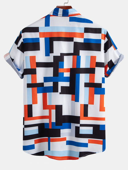 Striped Color Block Print Button Up Shirt