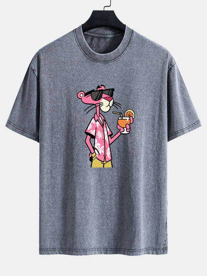 Vacation Pink Panther Print Washed Distressed Drop Shoulder T-Shirt