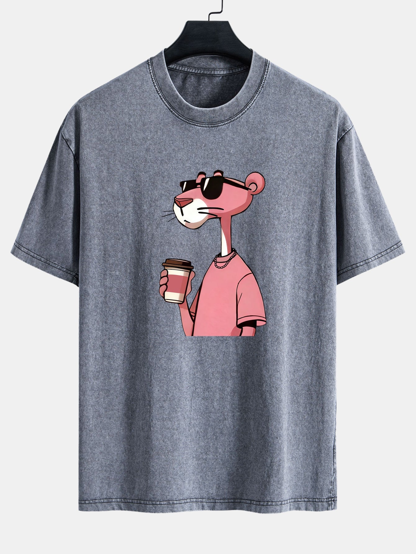 Pink Panther Drinking Coffee Print Washed Distressed Drop Shoulder T-Shirt