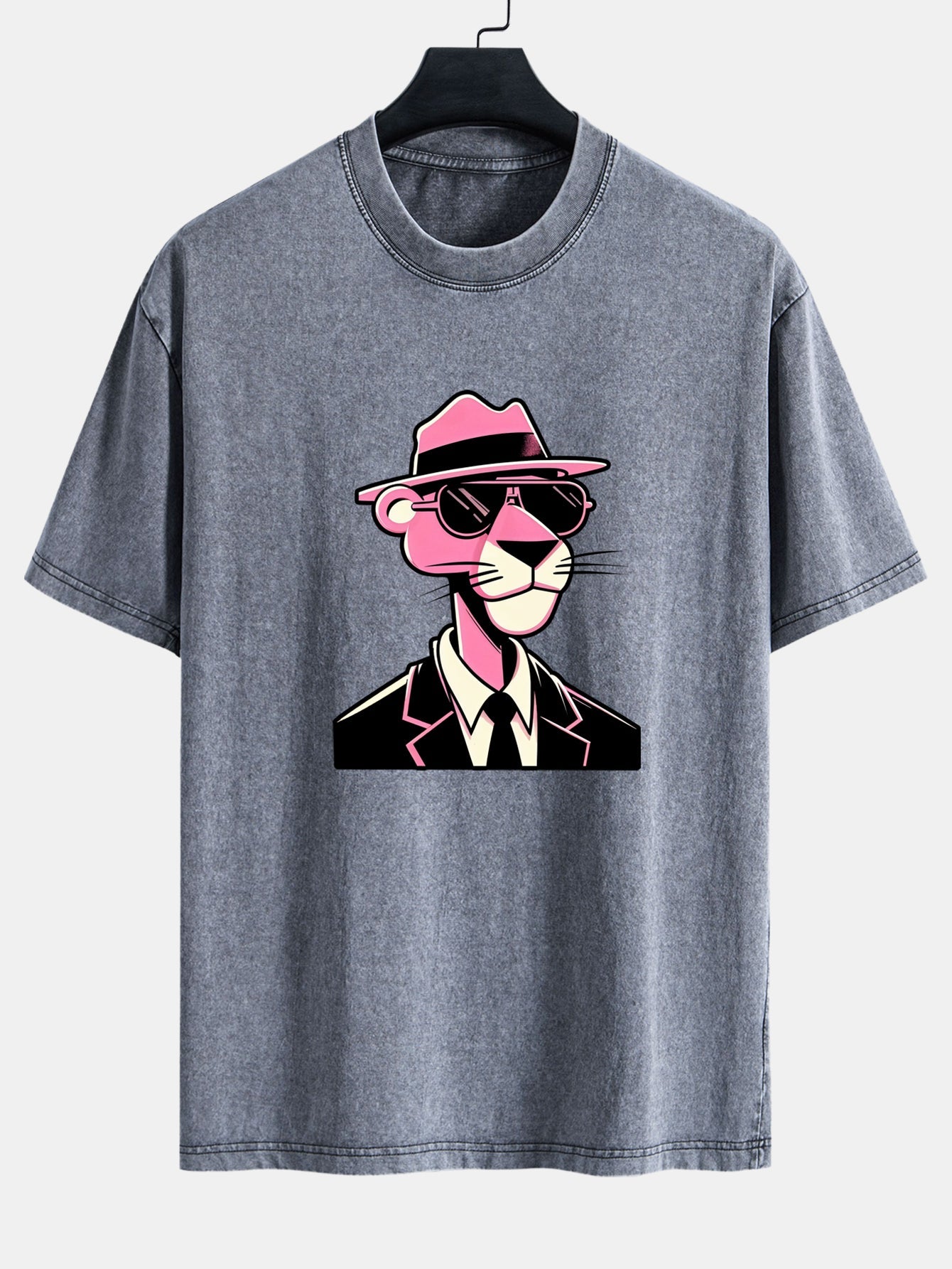 Pink Gentleman Panther Print Washed Distressed Drop Shoulder T-Shirt