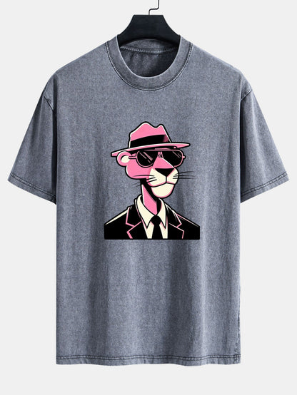 Pink Gentleman Panther Print Washed Distressed Drop Shoulder T-Shirt
