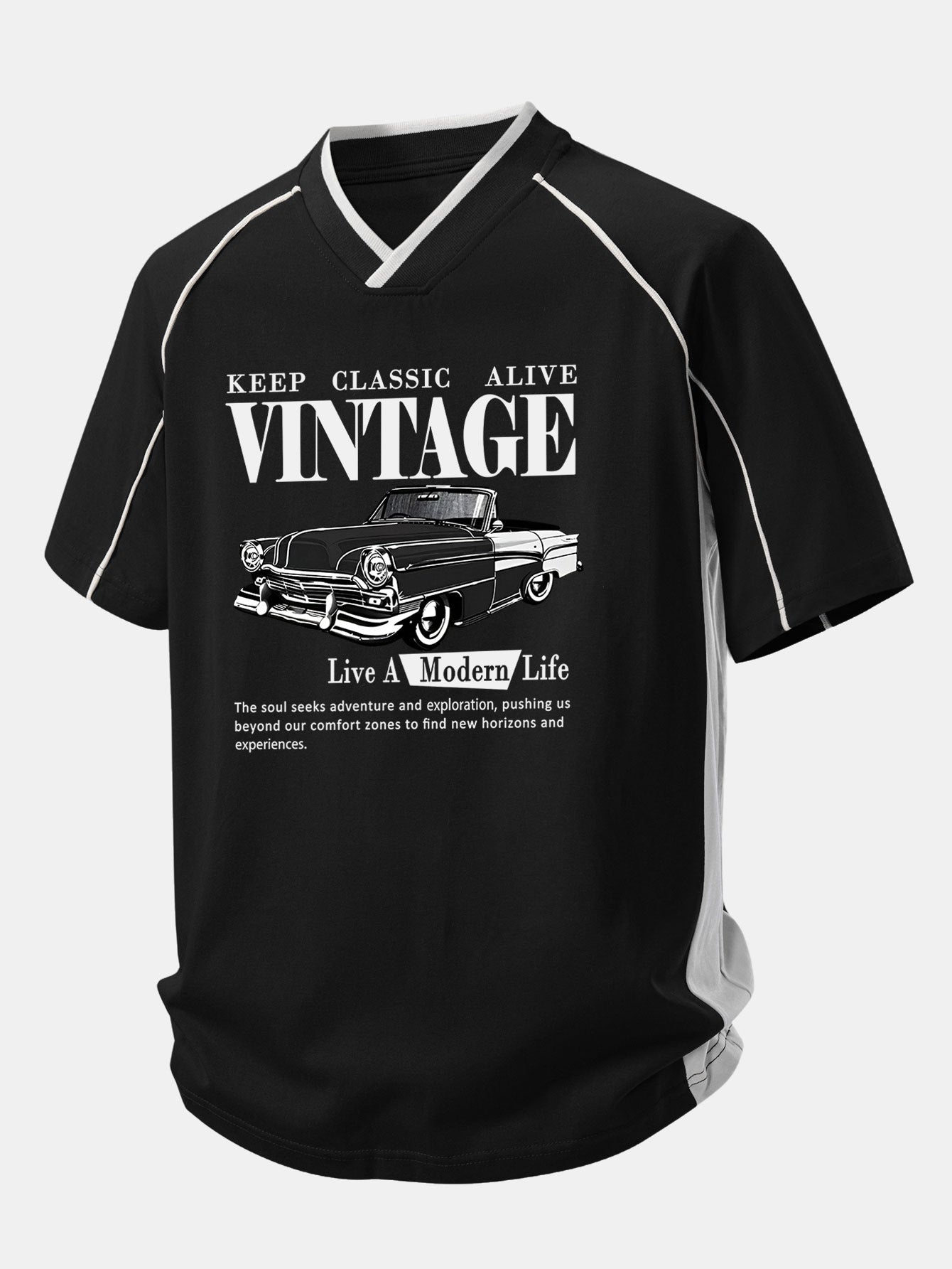 Vintage Car Print Contrast Piping V-Neck Raglan Sleeve T-Shirt
