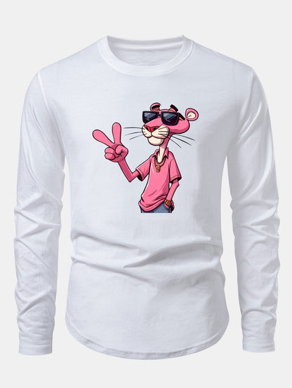 Pink Panther With V Sign Print Cotton Arc Hem T-Shirt