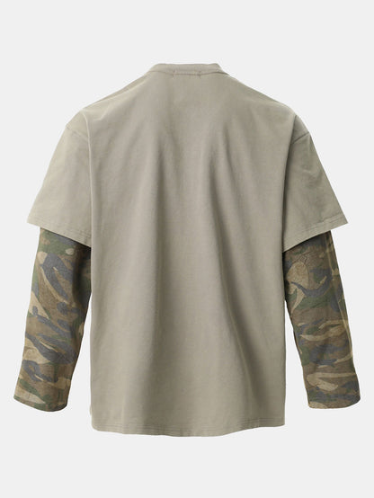 2 In 1 Camouflage Washed Ripped Rock Print T-Shirt
