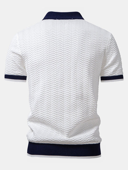 Texture Contrast Knitted V Neck Polo Shirt