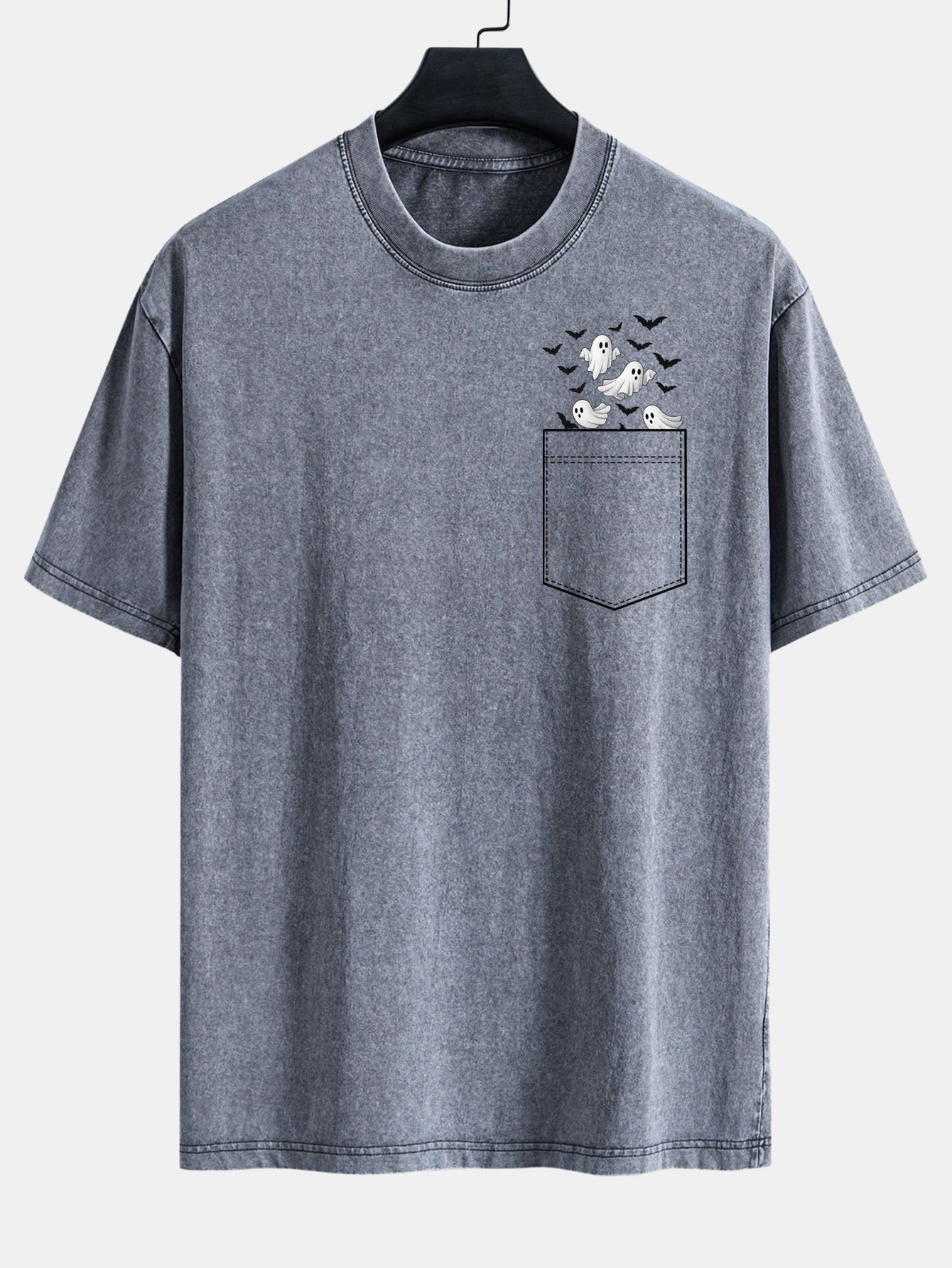 Pocket Bat Ghost Print Washed Distressed Drop Shoulder T-Shirt