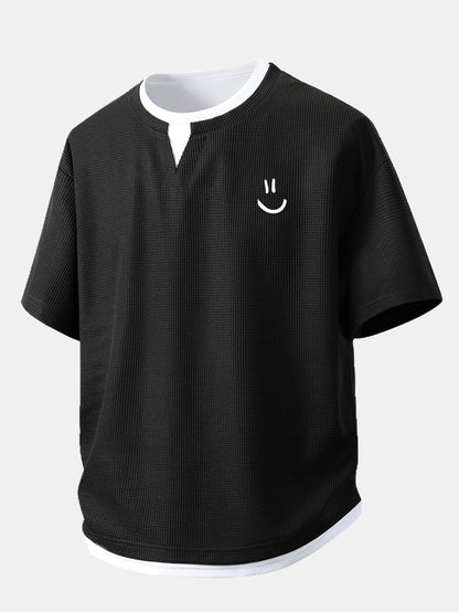 Relax Fit Smiley Face Print 2 In 1 Notched Collar Waffle T-Shirt