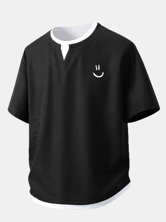 Relax Fit Smiley Face Print 2 In 1 Notched Collar Waffle T-Shirt