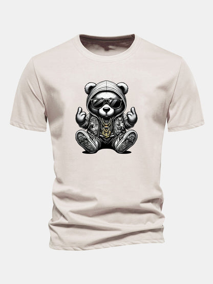 Regular Fit Hip Hop Bear Print Cotton T-Shirt