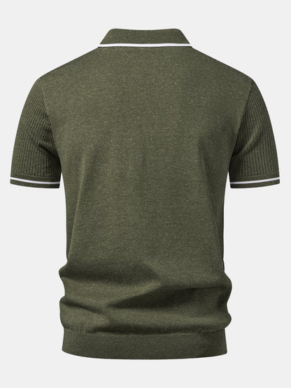 Contrast Stripe Trim Pocket Johnny Collar Knit Polo