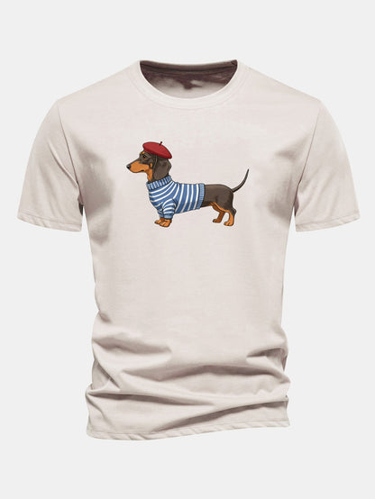 Regular Fit Dachshund Wearing Striped Sweater Print Cotton T-Shirt