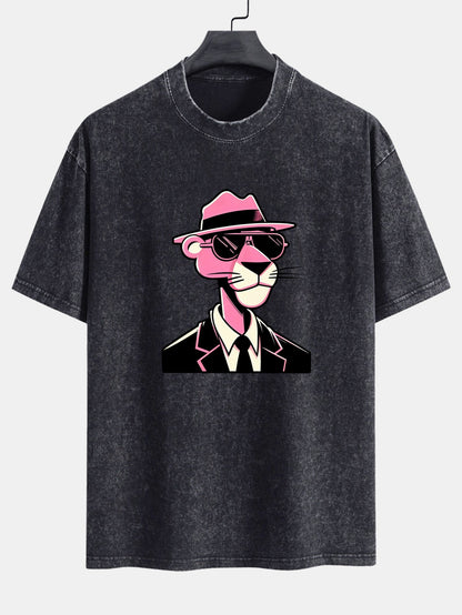 Pink Gentleman Panther Print Washed Distressed Drop Shoulder T-Shirt