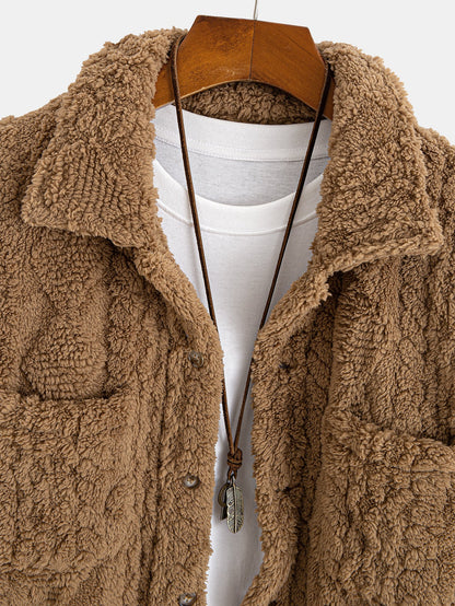 Geometric Jacquard Teddy Fleece Button Up Shirt