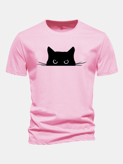 Regular Fit Black Cat Print Cotton T-Shirt