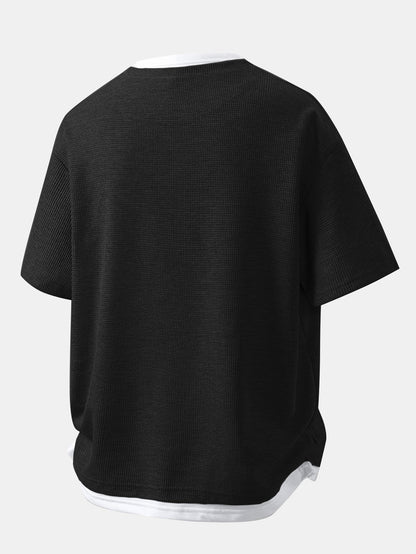 Relax Fit Smiley Face Print 2 In 1 Notched Collar Waffle T-Shirt