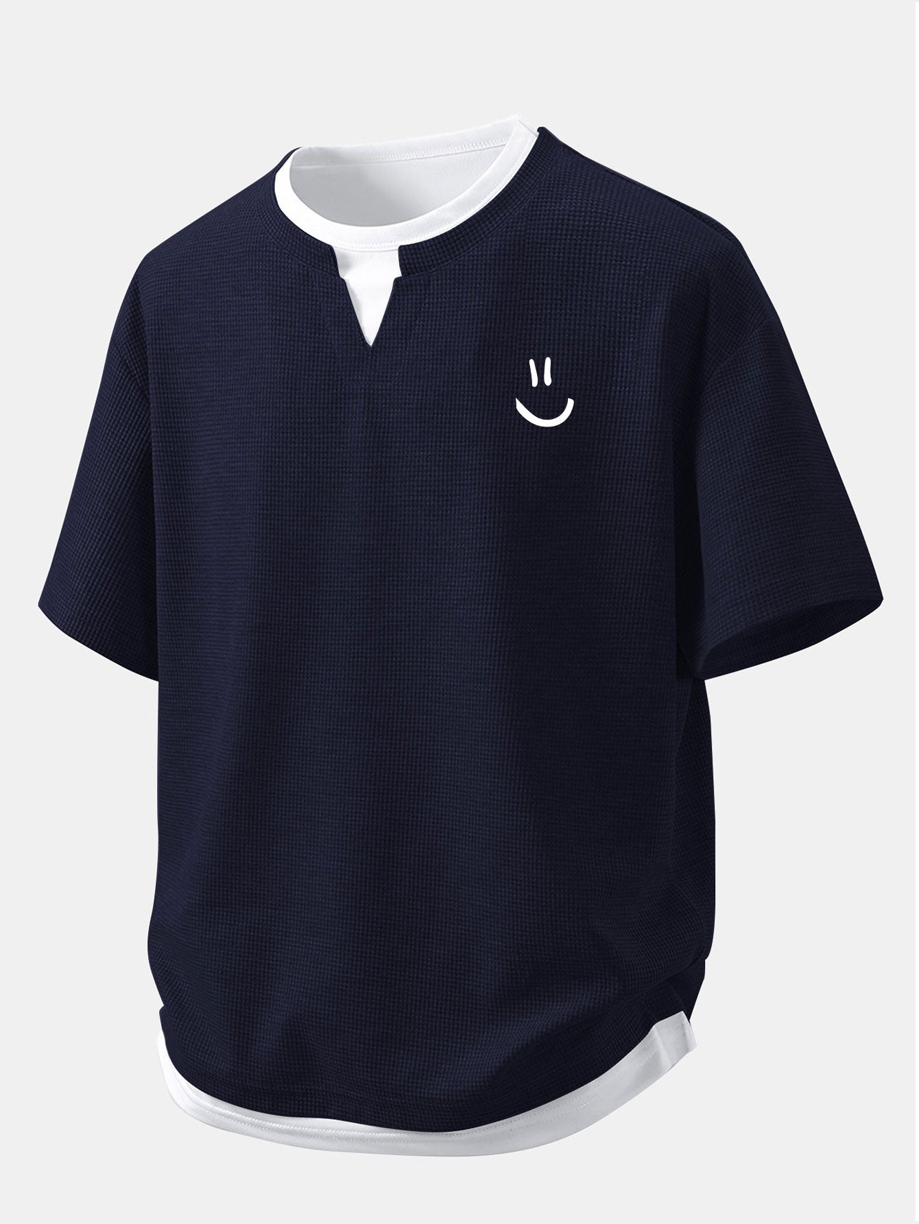 Relax Fit Smiley Face Print 2 In 1 Notched Collar Waffle T-Shirt