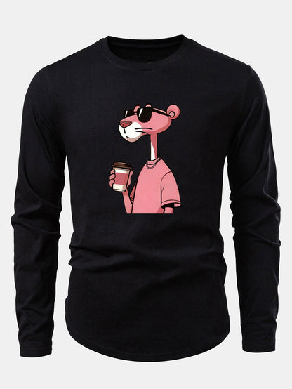 Pink Panther Drinking Coffee Print Cotton Arc Hem T-Shirt