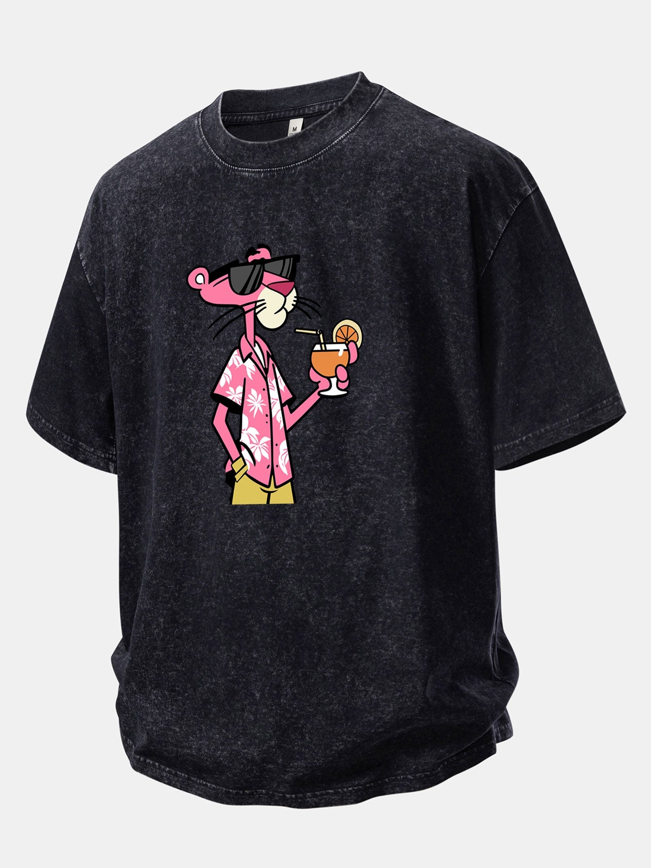 Vacation Pink Panther Print Washed Distressed Drop Shoulder T-Shirt