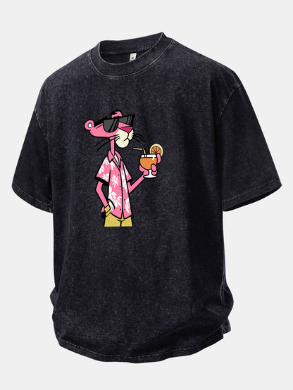 Vacation Pink Panther Print Washed Distressed Drop Shoulder T-Shirt