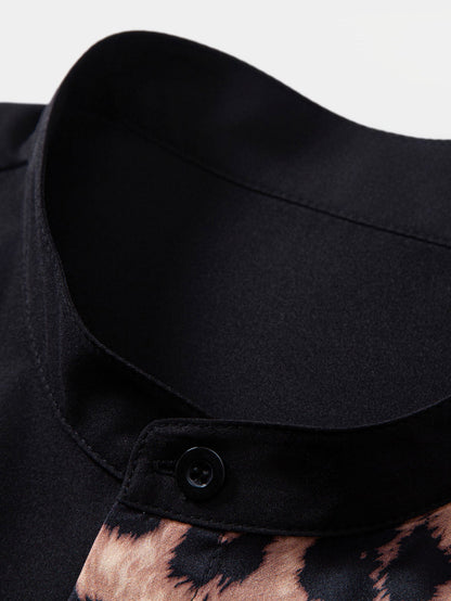 Leopard Patchwork Stand Collar Shirt