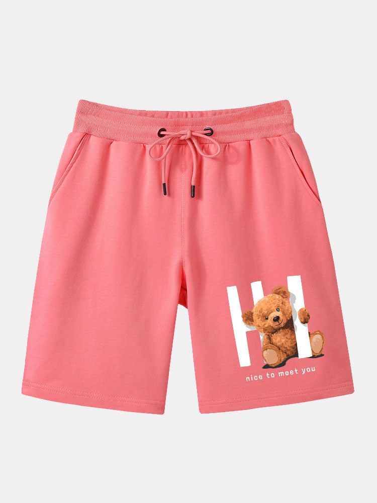 Slogan Bear Print Mid Length Shorts