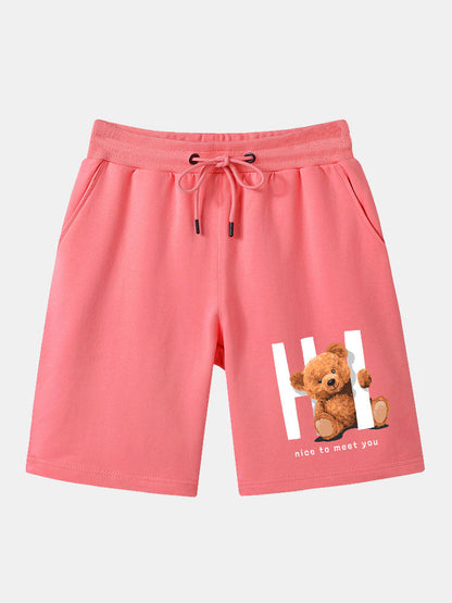 Slogan Bear Print Mid Length Shorts
