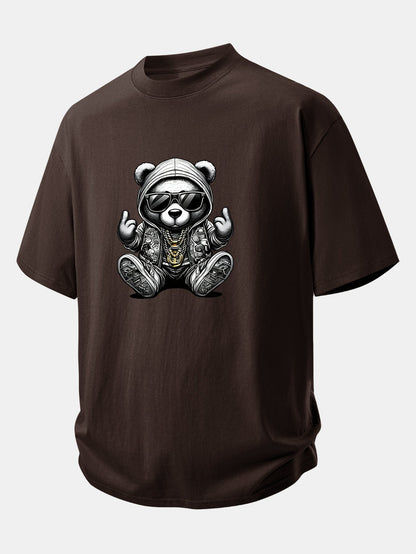 Relax Fit Hip Hop Bear Print Cotton T-Shirt