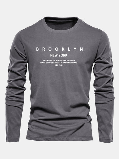 Long Sleeve NY Brooklyn Print Cotton T-Shirt
