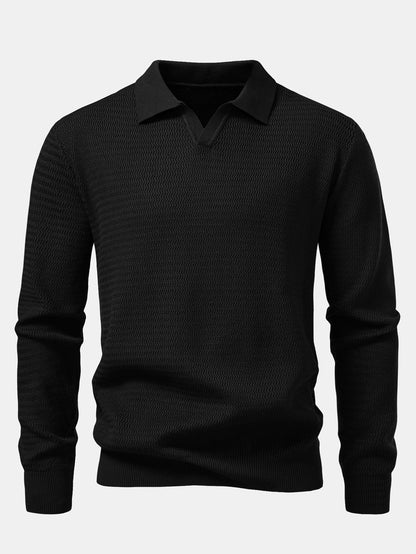Long Sleeve Wave Jacquard V Neck Knit Polo Shirt