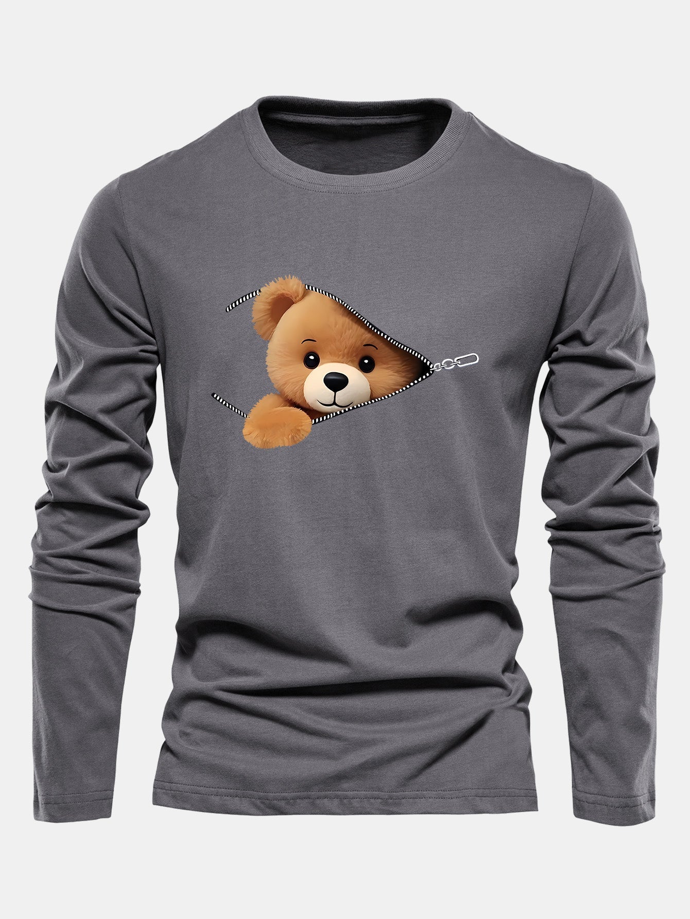 Long Sleeve Zipper Bear Print Cotton T-Shirt